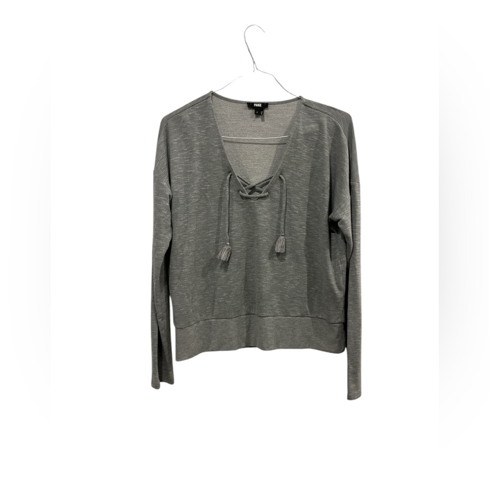 PAIGE Grey‎ Primrose V Neck Womens Sz L Lace Up Tassel Sweater Blouse (B267223)